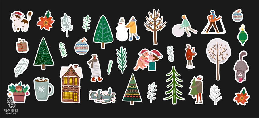 圣诞节圣诞老人圣诞树姜饼屋平安夜元素贴纸图案AI矢量设计素材【012】